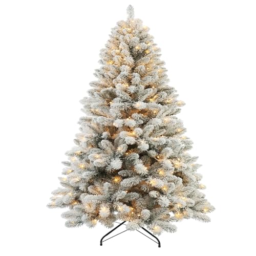Pre-Lit Artificial Christmas Tree with Lights 6ft, Holiday Party Decorations Indoor with 874 Branch Tips, Hinged Snow Flocked Xmas Tree with Foldable Stand, Easy Assembly, Metal Reinforced Base