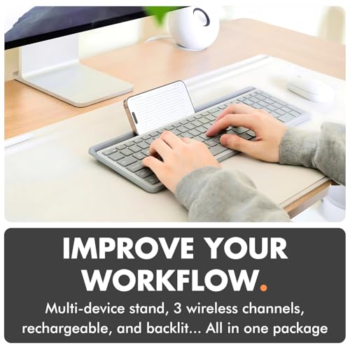 X9 Full-Size Bluetooth Keyboard with Phone Holder – Backlit Wireless Keyboard, Switch Multi-Device, Slim, Quiet, Rechargeable, w/Copilot AI for PC, Mac, iOS & Android (Silver)