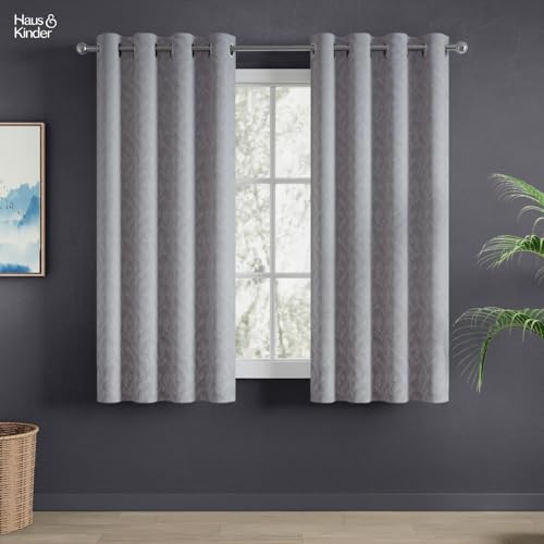 Image of haus & kinder Printed Jacquard Window Curtains 5 Feet Long Pack of 2 Window Curtains, 5 Feet Curtains for Window (Slate Willow, Sand Floral 130x152 CM)