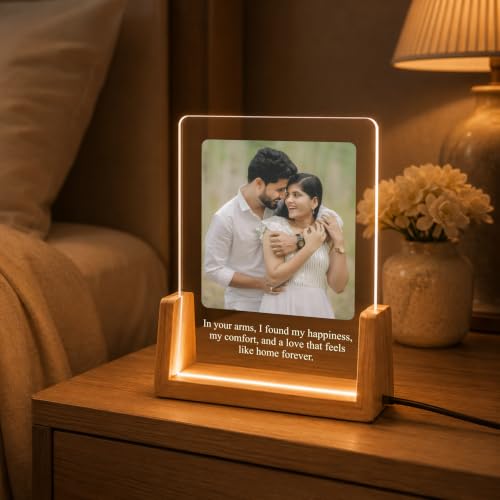 Image of Giftplease Personalized LED Acrylic Photo Frame with Custom Photo & Text | Engraved Acrylic Picture Lamp | Wooden LED Base | USB Night Light | Anniversary Wedding Birthday Couple Family Home Decor