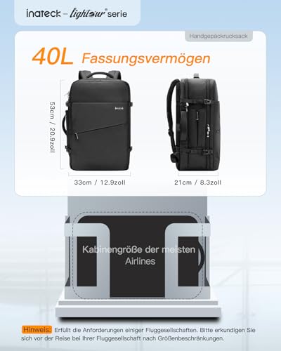 Inateck 40L Supergroßer Handgepäck Reiserucksack Laptop Rucksack für 15,6-17 Zoll Notebooks, Flug Genehmigt Kabinenrucksack für Weekender