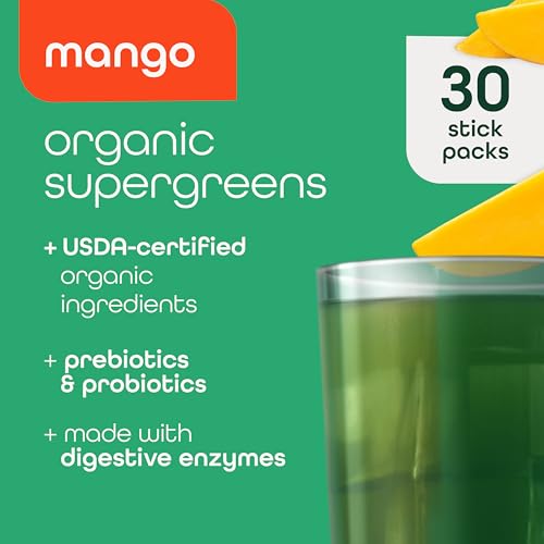 Image of Zena Nutrition Organic Super Greens Powder, 70+ Superfoods, 0 Sugar, 3G Fiber, Spirulina, Chlorella, Mushrooms, Prebiotics /Probiotics, Digestive Enzymes for Gut Health, Mango, 30 Drink Mix Packets