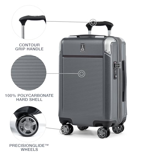 Image of Travelpro Platinum Elite Hardside Expandable Carry on Luggage, 8 Wheel Spinner, TSA Lock, Hard Shell Polycarbonate Suitcase, Vintage Grey, Compact Carry on 20-Inch