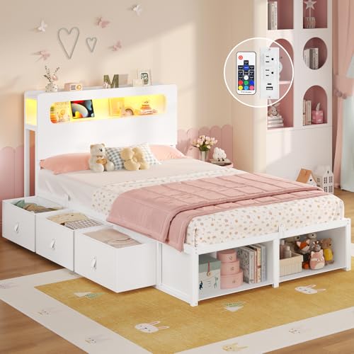 ADORNEVE Twin Bed Frame with 6 Storage Drawers & 2-Tier LED Headboard – Kids Girls Bed with Power Outlets & RGB Lights, 2 Footboard Cubbies– Space-Saving No Box Spring Needed, White