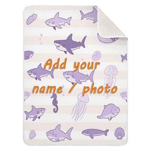 Custom Ocean Animal Fish Shark Lilac Purple Stripe Muslin Blanket Cozy Custom Prints Dog Baby Blanket for Nursery Stroller Crib 30x40in cobija personalizada para