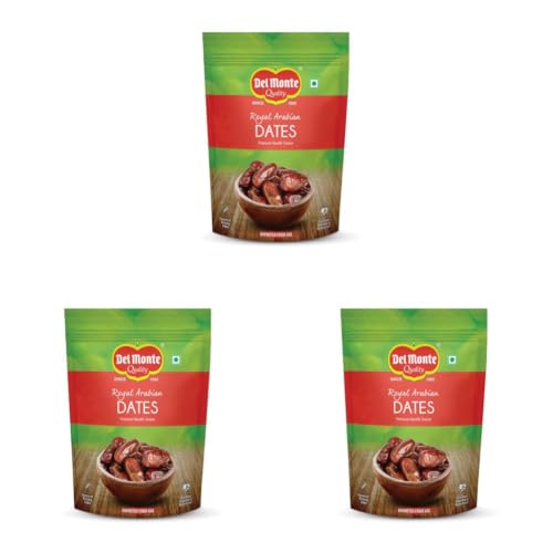 Image of Del Monte Royal Arabian Dates 900 g |Premium Khalas Dates| Source of Dietary Fibre | Natural and Sweet | UAE Imported | Dried Fruit | Healthy Snack (Pack of 3)