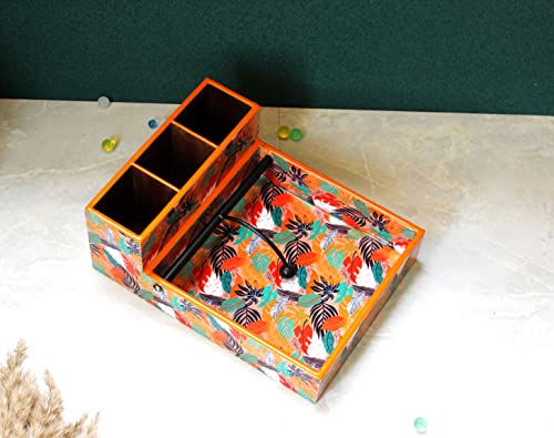 Image of Monstera Hut Tangerine Twist 4 Compartment Modern MDF Wooden Cutlery Holder Spoon, Knife, Fork, Caddy Self Organizer Home Kitchen Dining Cum Cutlery Holder(10x7.5x4 Inches) | 25x19x10cm