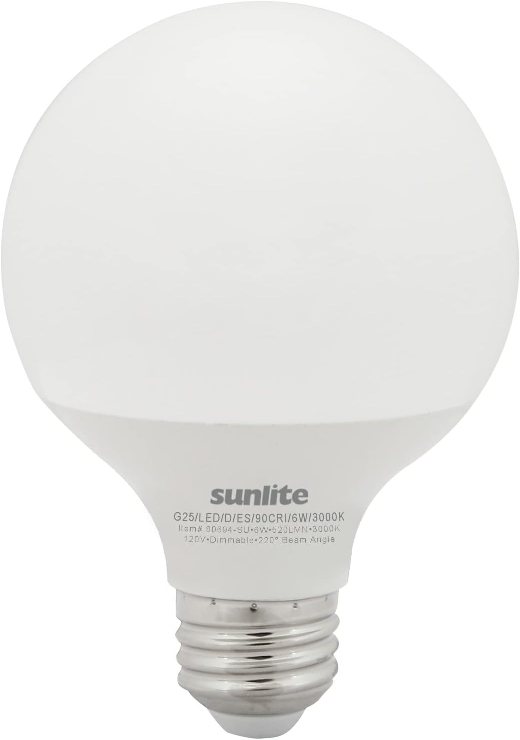 Sunlite LED G25 Globe Light Bulb, 6 Watts (60W Equivalent), Standard E26 Base, 500 Lumens, Dimmable, Frosted, 90 CRI, Title-20 Compliant, ETL Listed, 3000K Warm White, 1 Pack
