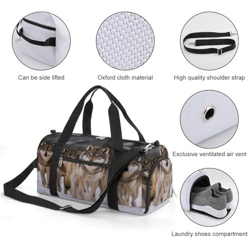 Mens Womens Gym Bag, Pack of Wolves Print Duffle Bags,travel Gym Duffle Bag,garment Duffle Bag,gym Bag with Shoe Compartment3
