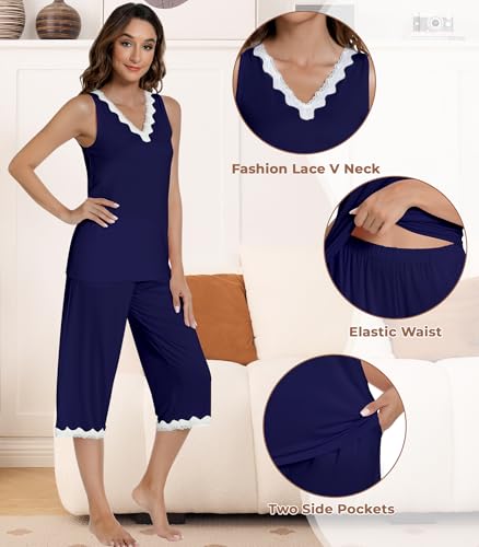 Image of NACHILA Pajamas Set for Women-Viscose Made from Bamboo, Lace V Neck Pj Tank Top Capri Pants Sleeveless Pjs Soft Sleepwear