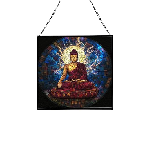 Buddha Dharma Lightning Stained Glass Suncatcher – Square Hanging Window Panel for Meditation Room, Zen Space, or Home – Peaceful Spiritual Glass Art Gift, Christmas, Thanksgiving wqmRTf