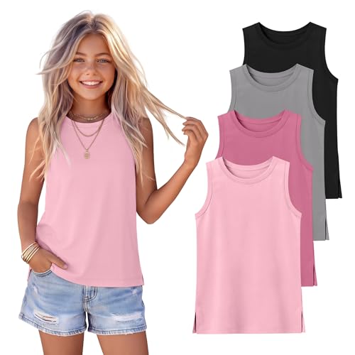YooAurvox 4 Pack Girls' Tank Tops Sleeveless Undershirts Crew Neck Casual Summer T-Shirt Kids Teen Cute Cami Tanks 5-14 Years(Black, Gray, Peach Pink, Pink,7-8 Years)