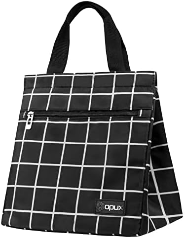 OPUX Lunch Bag for Women, Insulated Lunch Box Tote for Work School Men Kids Office, Thermal Soft Small Lunch Cooler Bag for Picnic Travel with Pocket, Fits 12 Cans - Checker Plaid Black