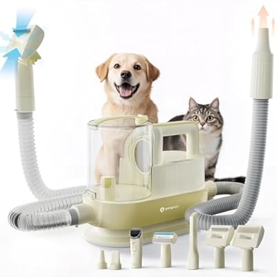 PETGUGU Dog Grooming Vacuum, Pet Grooming Vacuum with Clipper Nail Grinder, 2.5L Dust Cup Dog deshedding Brush with 7 in 1 Dog Grooming Kit,3 Settings Adjustable Speed and Temperature Control Blower
