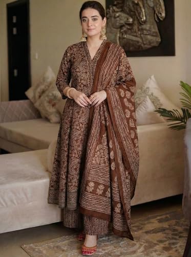 Image of ANNI Designer Women Printed Anarkali Kurta Palazzo Dupatta Set | Viscose Blend Ethnic Outfit | Flared Kurti with Bottom Wear