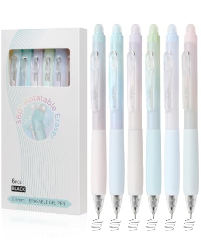 Erasable Pens, 6 Pack Fine Point 0.5mm Black Erasable Gel Pens with 360°Rotating Erasers, Make...