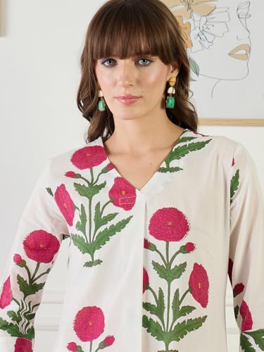 Image of INDO ERA Women's White Pure Cotton Printed Straight Kurta & Pant Set (KS0WH6702)