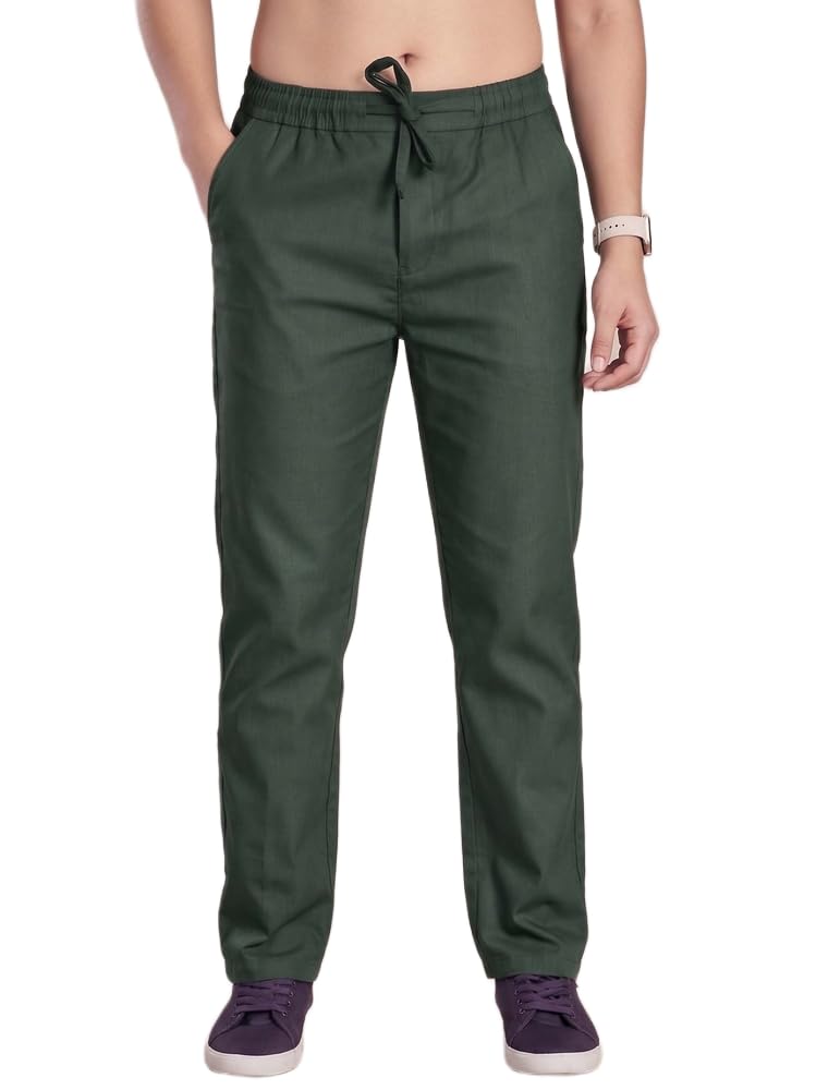 Men Parallel Trouser Dark Green Linen Straight Fit Mid-Rise Casual Drawstring Waist-image-3