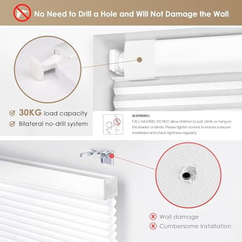 Image of LazBlinds No Drill Cordless Cellular Shades, 31.5 inch W x 72 inch H, White
