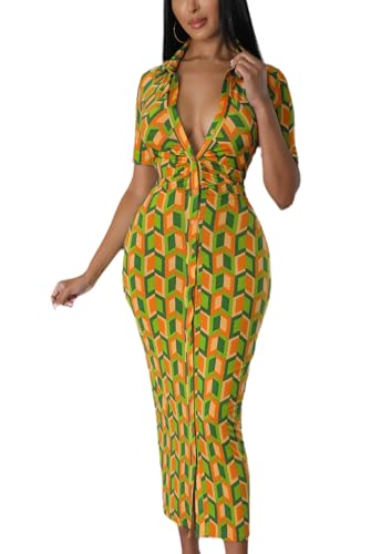 Image of ZERMOM Women's Button Down Shirt Dress Short Sleeve Print Collar V Neck Summer Bodycon Midi Dresses