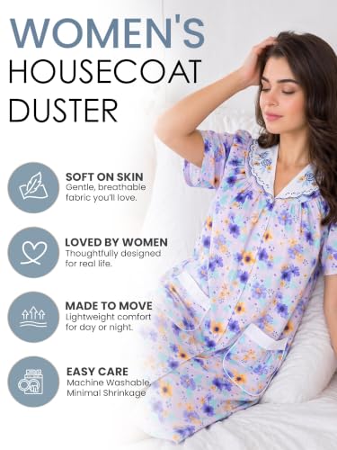 Image of Casual Nights Women's Snap - Front House Dress Short Sleeve Woven Housecoat Duster Lounger Robe with Pockets