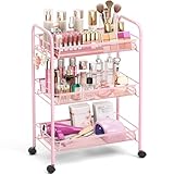 TOOLF 3 Tier Rolling Cart Pink - Metal Storage Organizer with Wheels, 33 lbs Shelf Capacity, Easy 5-Min Assembly, for Girls Room Bathroom Kitchen Office Nursery, Compact Design for Small Spaces, Pink
