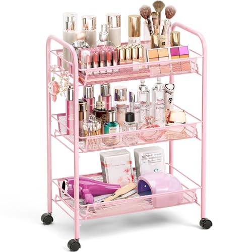 Image of TOOLF 3 Tier Rolling Cart Pink - Metal Storage Organizer with Wheels, 33 lbs Shelf Capacity, Easy 5-Min Assembly, for Girls Room Bathroom Kitchen Office Nursery, Compact Design for Small Spaces, Pink