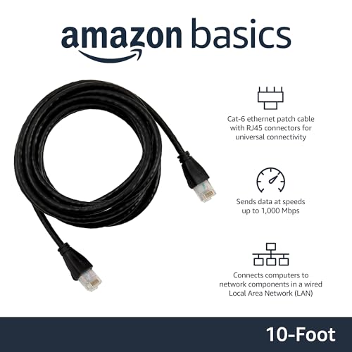 Image of Amazon Basics RJ45 Cat-6 Ethernet Patch Cable, 1Gpbs Transfer Speed, Gold-Plated Connectors, Network Cable for Gigabit Internet, 10 Foot, Black, 5-Pack