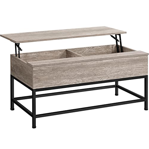 Yaheetech Table Basse de Salon avec Plateau Relevable 102x51x48 cm Compartiment Caché Pied Réglable Table de Salon en Bois et Métal pour Salle de Réception Chambre Gris