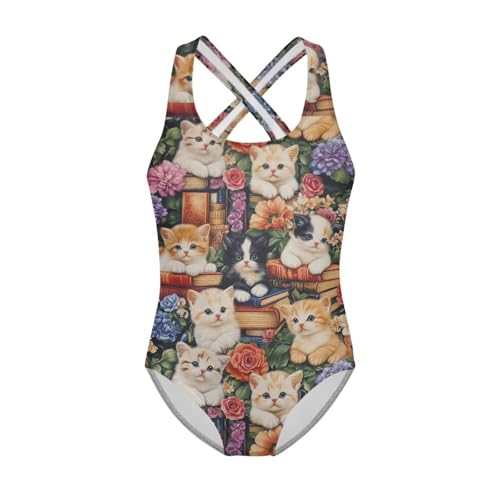 Image of WELLFLYHOM Girls' One Piece Swimsuit for Age 5-14 Cross Back Full Coverage Swimwear Sleeveless Bathing Suits