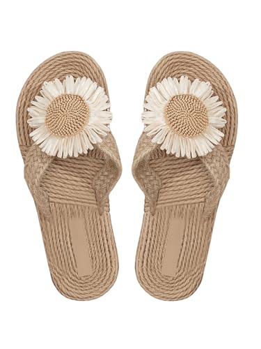 OYOANGLE Women's Floral Decor Open Toe Linen Flip Flops Slipper Summer Vacation Slip on Slide Sandal