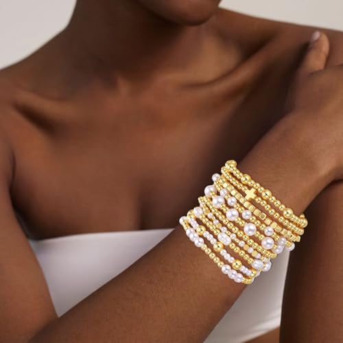 COLOYAN 10-Piece Stackable Gold Bead Bracelet Set for Women, Elegant Cross and Pearl Elastic Wristbands - Image 5
