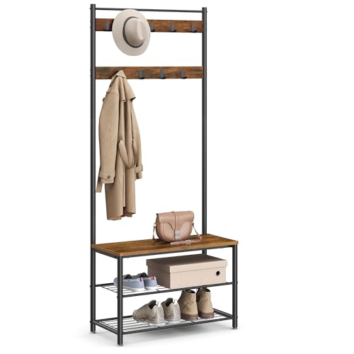 VASAGLE Coat Rack, Hall Tree with Shoe Storage Bench, Entryway Bench with Shoe Storage, 3-in-1, Steel Frame, for Entryway, 12.6 x 27.6 x 68.9 Inches, Industrial, Rustic Brown and Black UHSR41BX