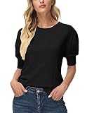 Puff Short Sleeve Tops Womens Summer Sweater Crew Neck Black Sweater Blouse 2XL