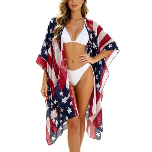 Pañuelo Ligero para la Playa con Estampado del Día de la Independencia, Bufandas Transparentes para Mujer con Borde de Estrellas, Chal Playero conmemorativo, temático, 4 de Julio