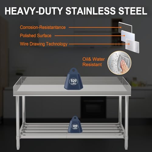 GAOMON 48 x 24 Inch Stainless Steel Work Table, Commercial Prep Heavy-Duty Stainless Steel Kitchen Island with Backsplash and Undershelf, for Kitchen Restaurant