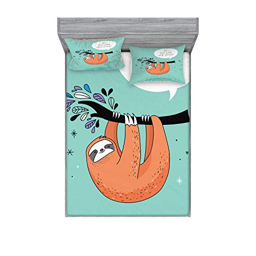Ambesonne Animal Fitted Sheet & Pillow Sham Set, Cartoon Design Print Sloth a Flirty Words So You Come Here Often Color Image, Decorative Printed 3 Piece Bedding Decor Set, King, Seafoam Orange
