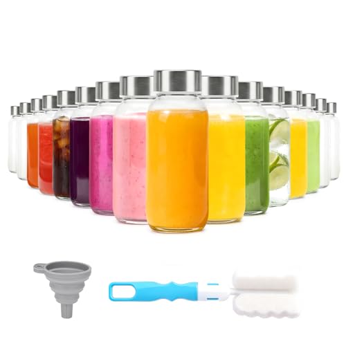Image of Luxfuel 8 oz Glass Juice Bottles 16 Pack with Lid, Leak Proof Glass Bottle | Reusable Clear Glass Bottle with Stainless Steel Lids for Juice Shots, Smoothies, Wellness Drinks, Fridge & Dishwasher Safe