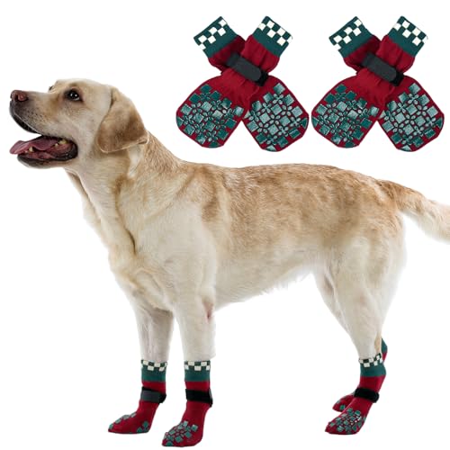 Image of ROZKITCH 2 Pairs Dog Paw Protectors, Christmas Gripper Socks for Hardwood Floors Paw Bandage Long Dog Socks Paw Wound Cover with Grips & Adjustable Straps Corgi, Schnauzer Christmas Red L