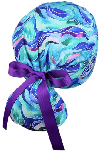 Image of Scrub Cap for Women and Men, Ponytail Scrub Caps, Working Hat, Head Cover with Ribbon Ties and Buttons, Long Hair