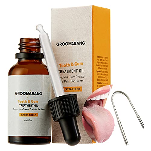 Groomarang Gum Oil - Made from 100% Pure Botanical Oils (Extra Fresh) Convenient Dropper Bottle for Accurate Dispensing 30ml includes Stainless Steel Tongue Scraper
