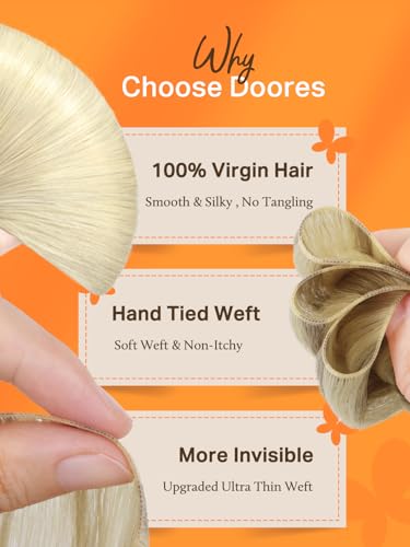 Image of DOORES Genius Sew in Hair Extensions Real Human Hair, 22 Inch Platinum Blonde 60g, Hand Tied Sew in Weft Extensions Natural Looking