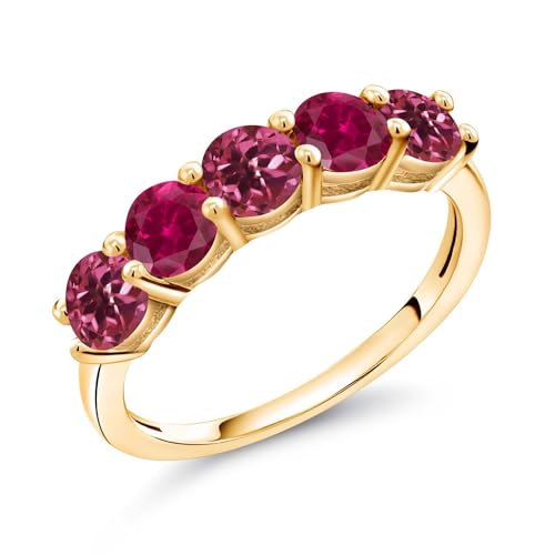 Gem Stone King 18K Yellow Gold Plated Silver Pink Tourmaline and Red Created Ruby Wedding Band Ring For Women (0.95 Cttw, Round 3.5MM, Gemstone October Birthstone, Available In Size 5, 6, 7, 8, 9)