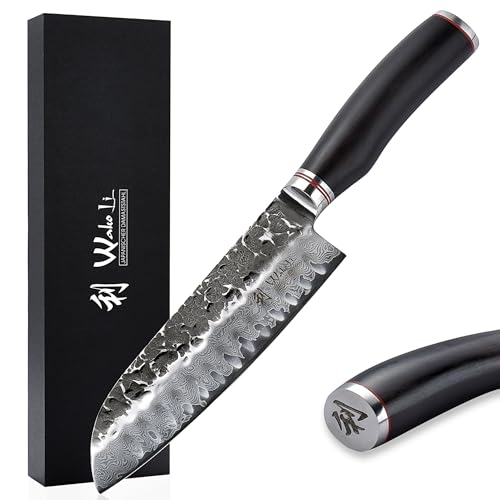 Wakoli EBO Santoku Messer aus echtem Damaststahl (VG10 Kern) 17,5 cm Klinge – Scharfes Damast Küchenmesser und präzises Kochmesser für alle Schnitte – Damastmesser mit Eichenholzgriff in Geschenkbox