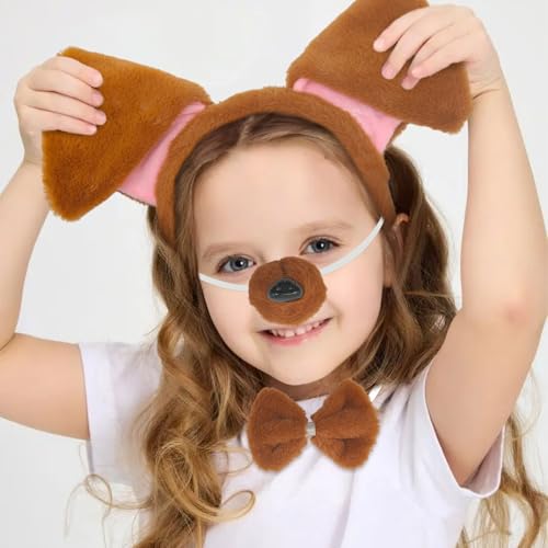 TUONYIS 4 Stücke Hundeohren Kopfbedeckung und Schwanz Nase Fliege Set, Tier Hündchen Kostüm Kinder Set, Hund Ohren Stirnband, für Karneval Welttag des Buches Halloween Cosplay, Tier-Mottoparty (Braun)