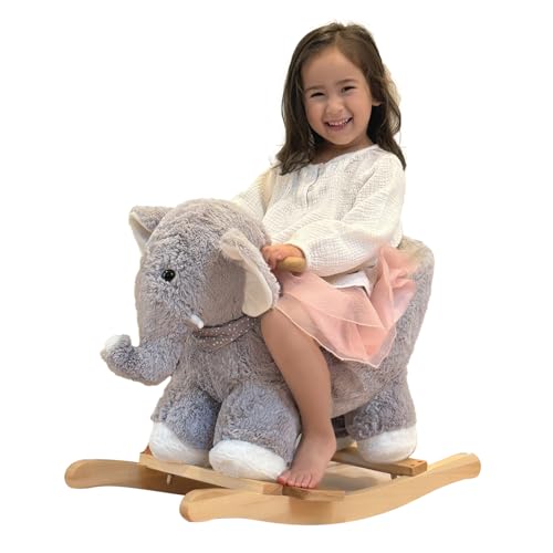 Image of Rocking Elephant, Baby Animal Rocker, Rocking Horse with Seat, Ride on Horse, Plush Rocking Horse with Sweet Music, Wooden Rocking Horse for Toddlers 1-3, (Gray Elephant), CPC Certified