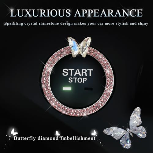 Image of DXNQ Bling Ring Emblem, Sparkling Butterfly Car Buttons and Knobs Ring, Girly Butterfly Diamond Car Engine Start Button Cover, Key Ignition Knob Rings Decoration for Women (Pink, Double Row)