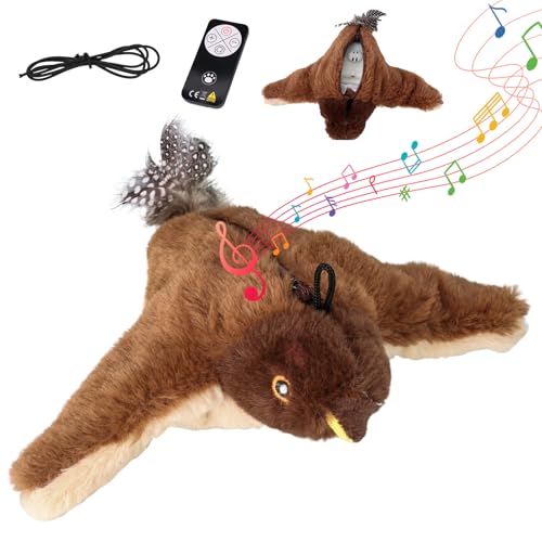 Pureadee Flappy Chase Cat Toy, 2026 New Interactive Chirping Flying Bird Cat Toy with Remote Control, Chirping Bird Cat Toy Flapping Wings, Flying Interactive Simulation Electric Cat Toy (Brown) (A)