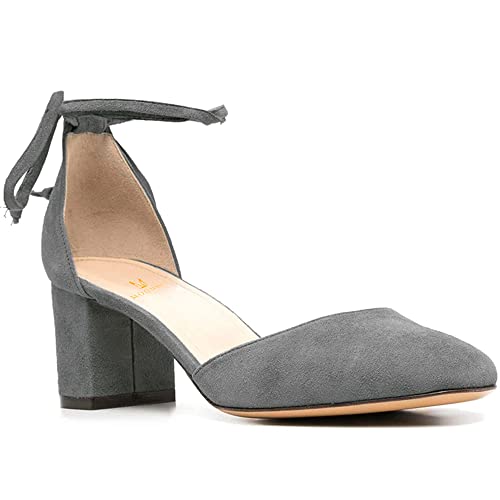 MOOMMO Women Ankle Strap Heels Pumps Shoes Low Chunky Block Heel Lace Up Sandals Round Closed Toe Cutout Dress Shoe Suede D-Orsay 2" Heel Office Work Wedding Pump Party Comfort Elegant Size 4-11 M US2
