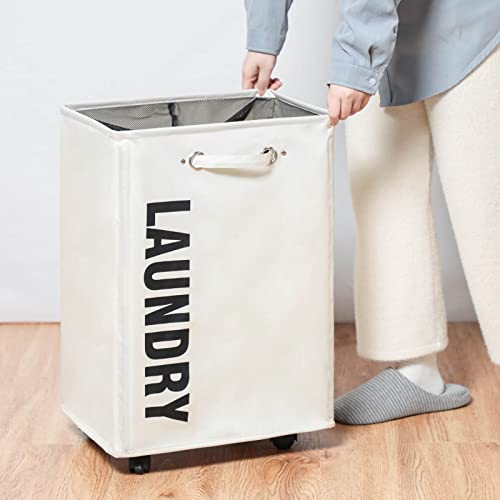 Lifesela 22" Pro Rolling Laundry Basket, Large Laundry Hamper On Wheels, Collapsible Dirty Clothes Hamper With Drawstring Mesh Cover, Corner Clothes Storage Basket Laundry Bin With Handle (Beige) #TOP7